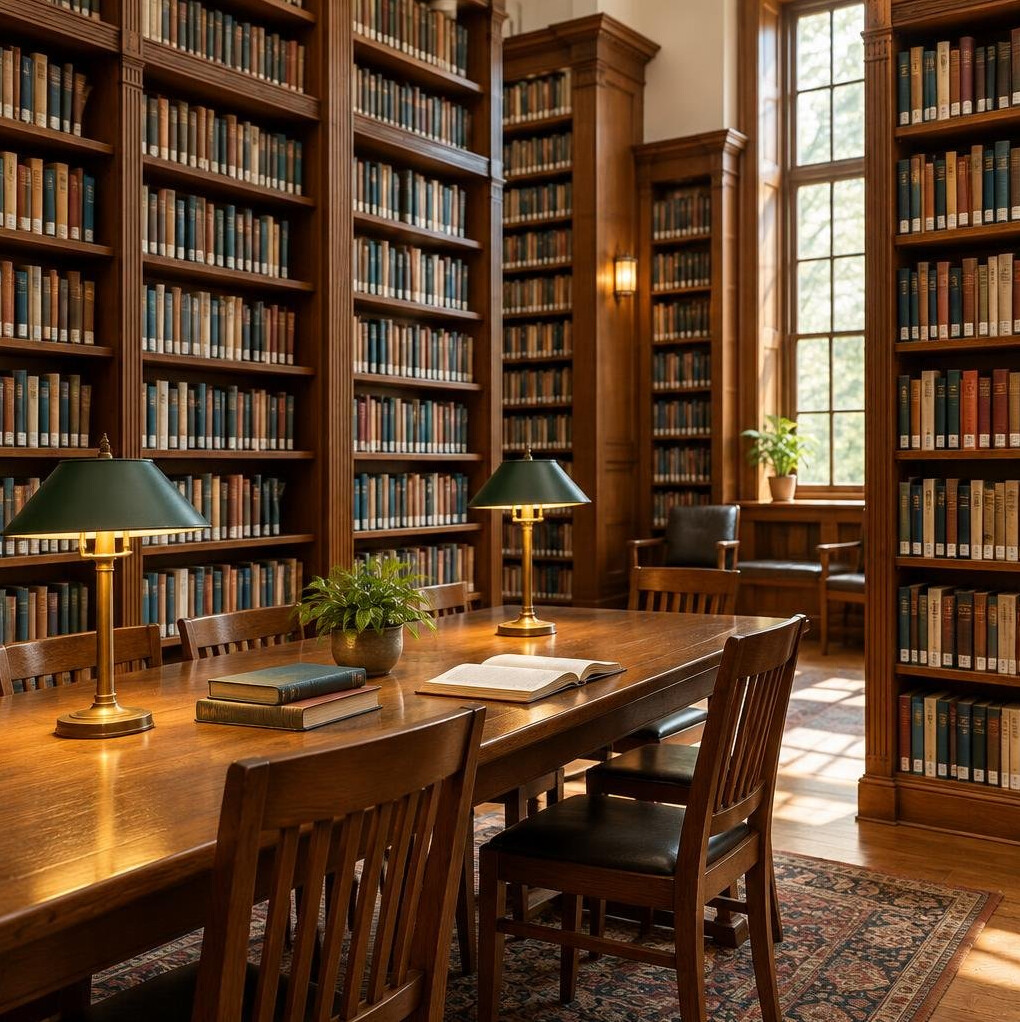 Wooden library shelves full of books