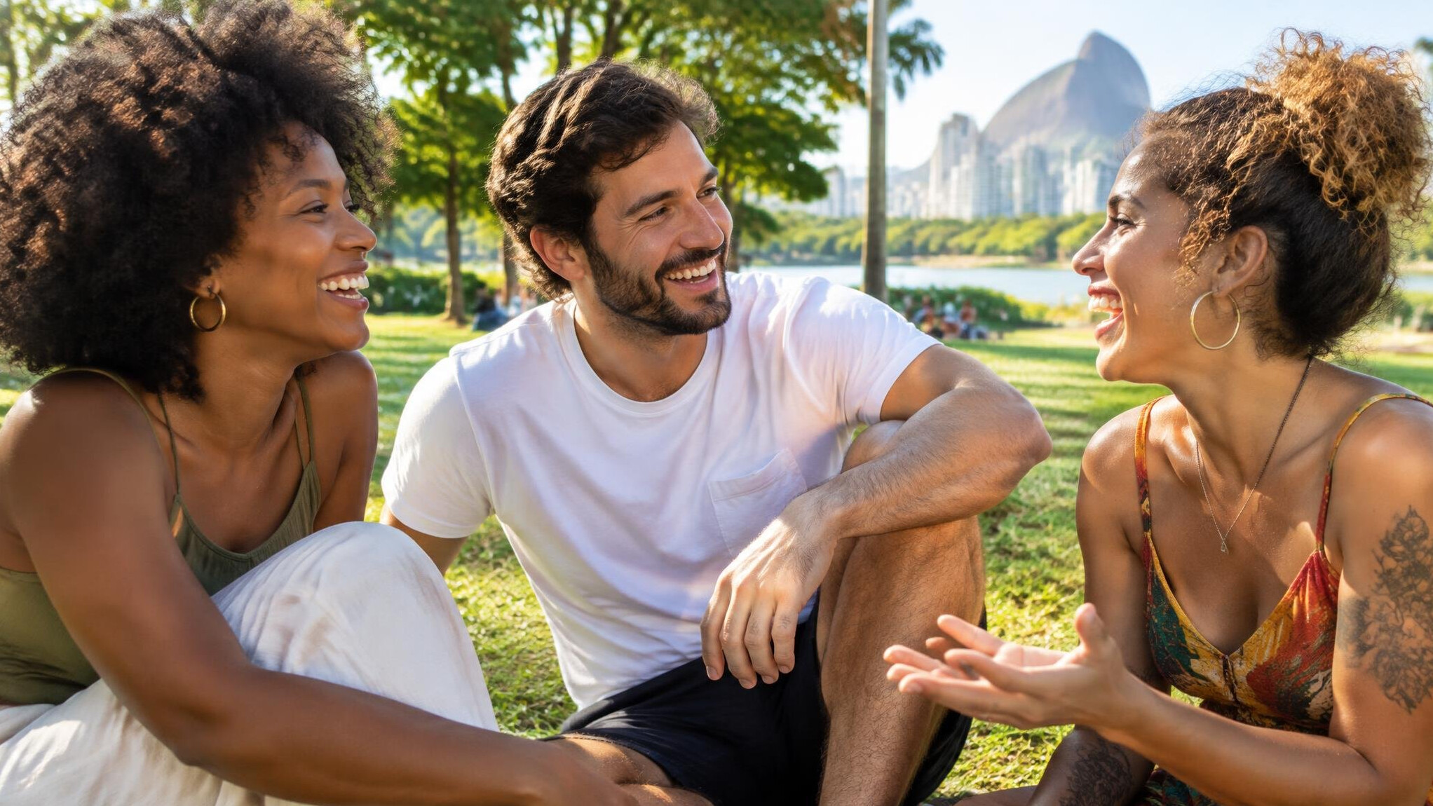 Friends talking outdoors on a sunny day