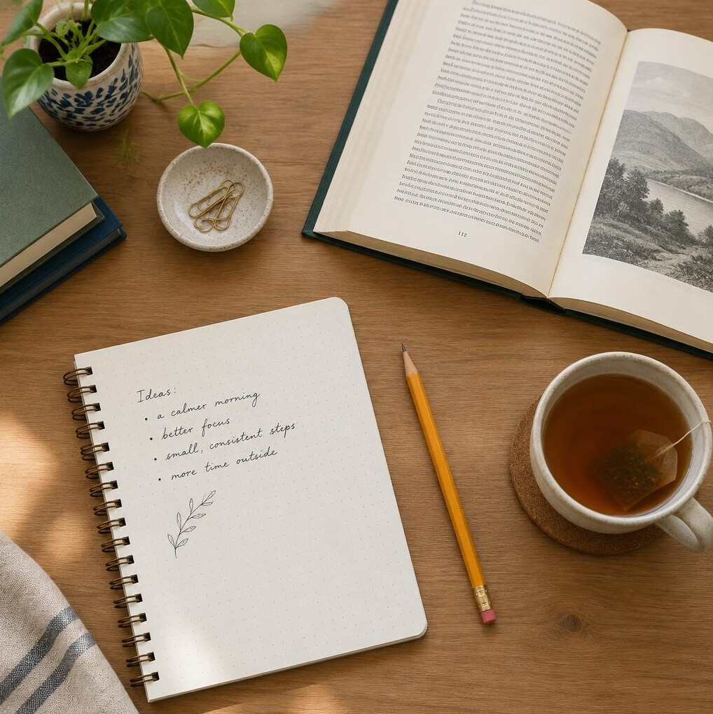 Desk with notes, pencil and open book