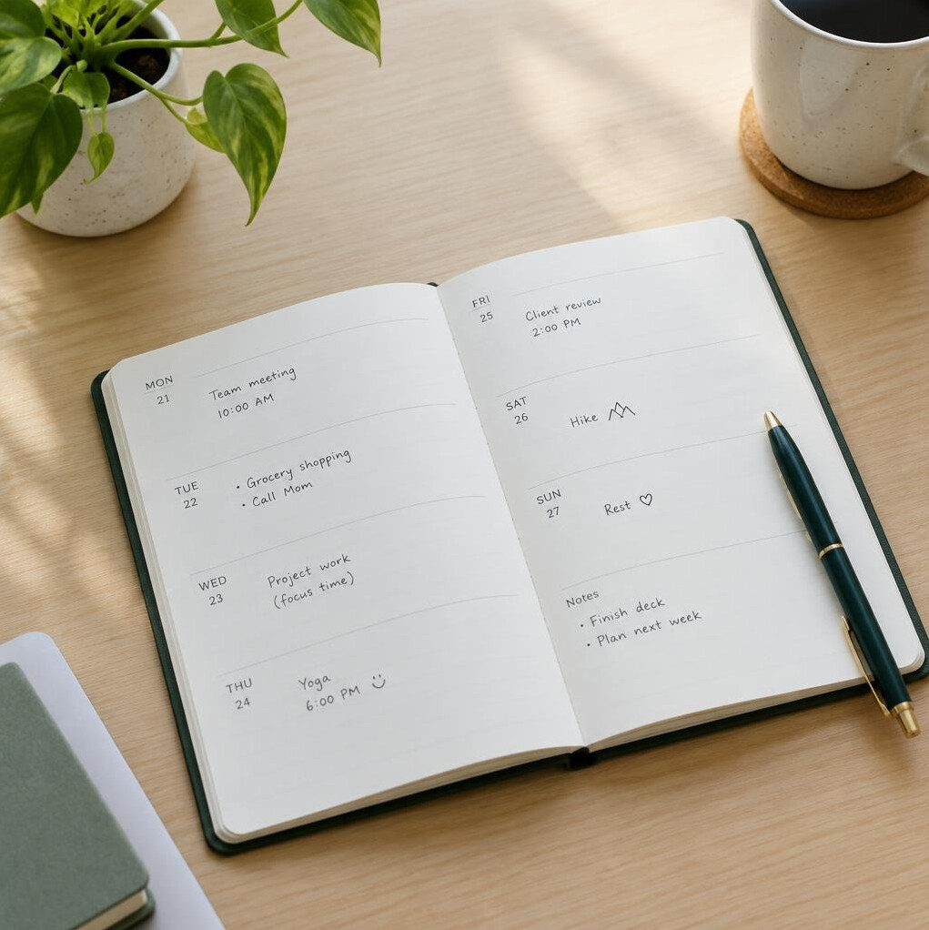 Open planner with a pen on a desk