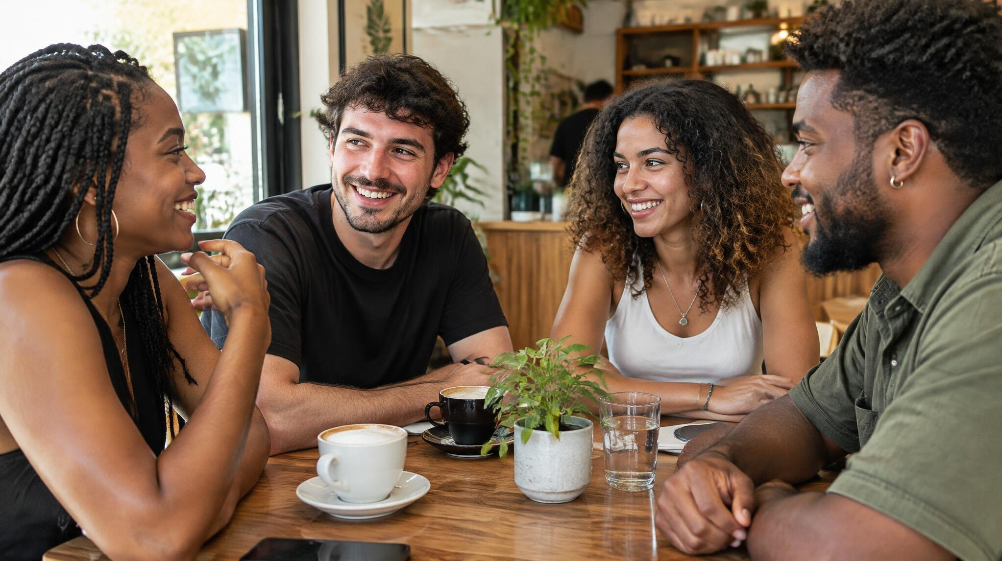 Group of diverse friends talking and smiling around a table