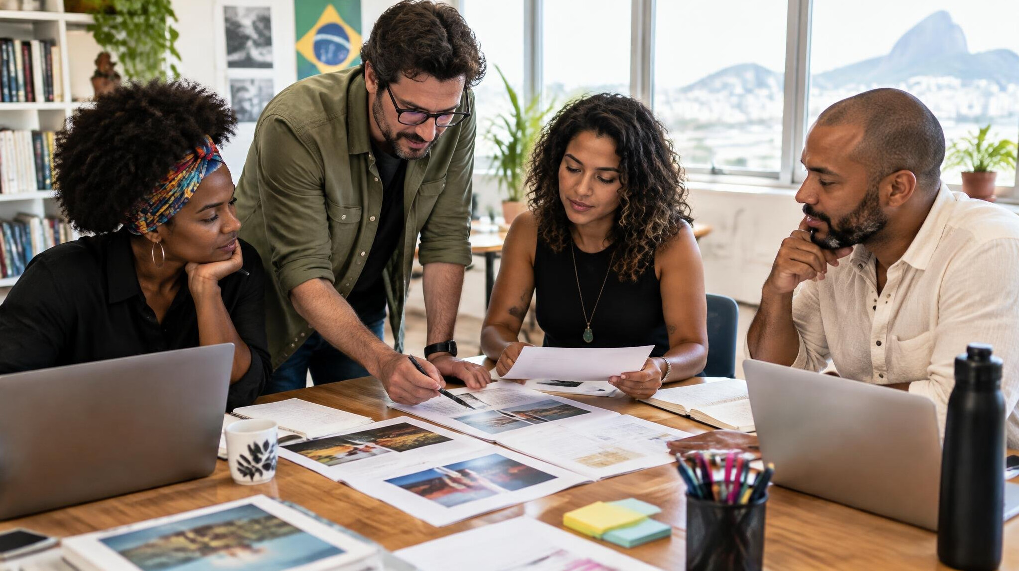 Team of people collaborating around a table in a bright room